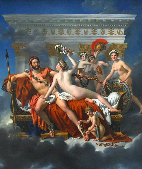 新古典主義を提唱したジャック＝ルイ・ダヴィッドの「ヴィーナスと三美神に武器を取り上げられるマルス（フランス語版）」 1822-24年 308x262cm ブリュッセル王立美術館,古代ローマに倣ったモチーフを多用している。