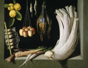 西洋では植物がそのまま描かれるのでは無く、何かしら意味や教訓などを込めた静物画として存在している。Juan Sánchez Cotán, Still Life with Game Fowl, Vegetables and Fruits (1602)