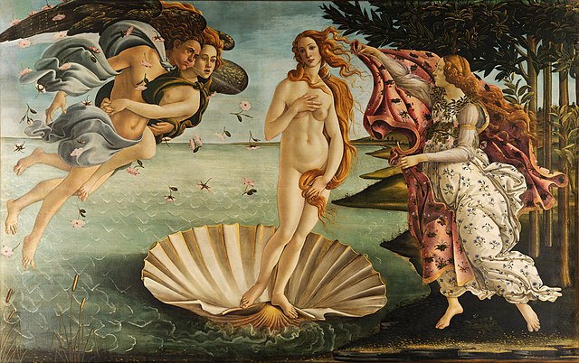 イコノグラフィーの評価軸で言うと、ルネッサンス芸術で最も時代性を表したのはボッティチェリになる。　サンドロ・ボッティチェッリ ヴィーナスの誕生（1485年頃、ウフィツィ美術館）
